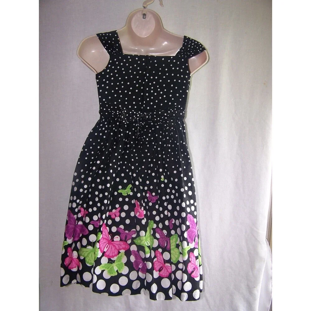 Girls JESSICA ANN BLACK AND‎ WHITE/ POKADOT W/ PINK BUTTERFLY'S  Dress Size 12